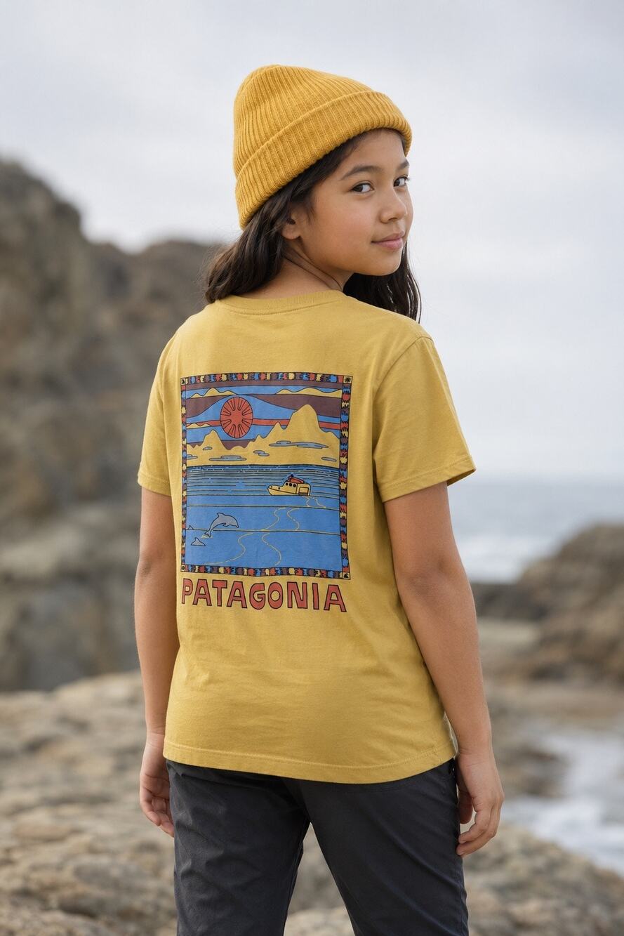 Patagonia Kids L 12 Yellow 100% Organic Cotton Boat Dolphin Graphic T-Shirt